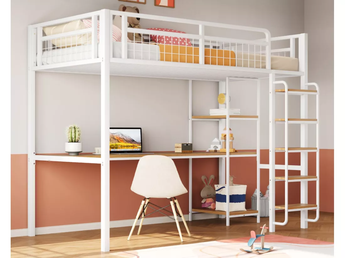 Lit mezzanine en métal 90x200 cm - avec bureau et échelle de sécurité - Blanc