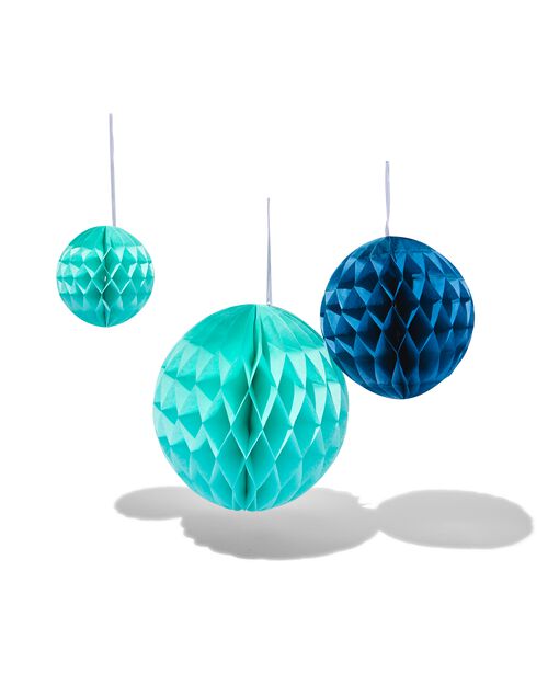 3 décorations en papier alvéolé ballon bleu vert