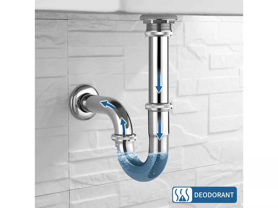 AuraLum Max Siphon de Lavabo Tube Universel Diamètre de 32mm Siphon en Chromé Anti Odeur Lavabo Siphon Plomberie pour Cuisine Salle de Bain,EU Modèle