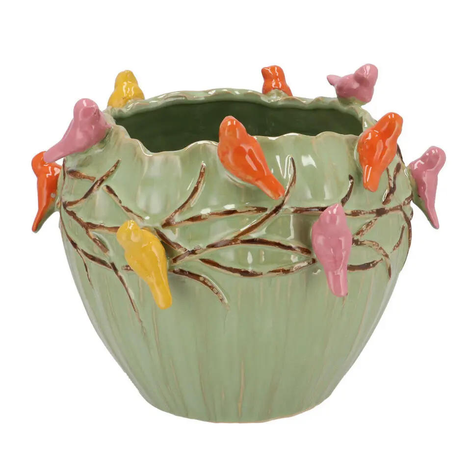DK Design Bloempot/plantenpot Vogels - pistache - D19 x H15 cm