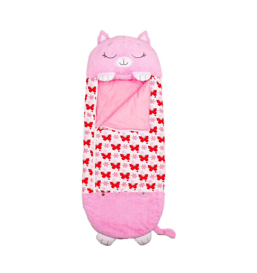 (170x70cm) 2in1 Kinder Camping Schlafsack Kuscheltier Decke mit Plüschtier Kissen - Rosa Katze