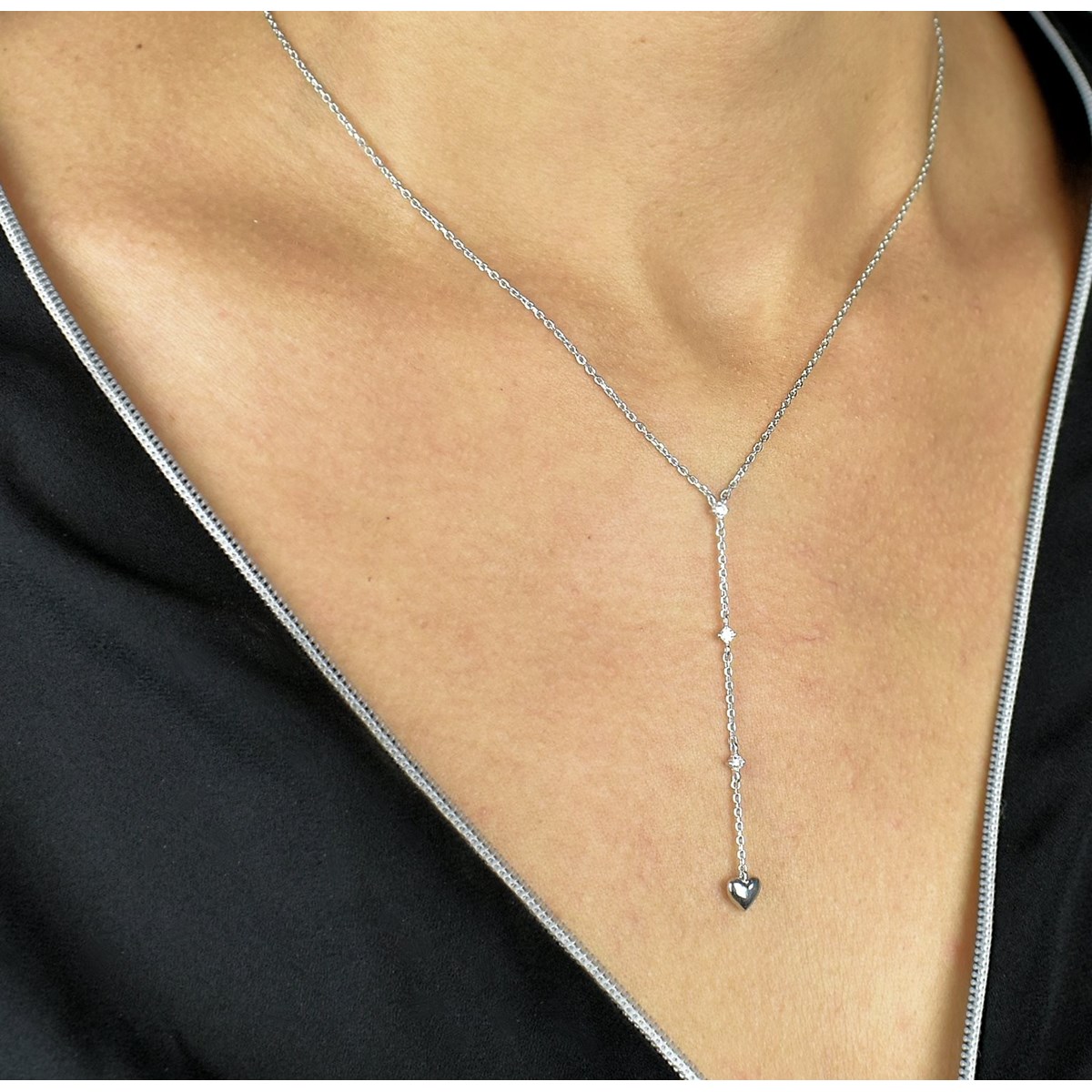 Collier cravate forme en Y coeur oxyde de zirconium Argent 925 Rhodié