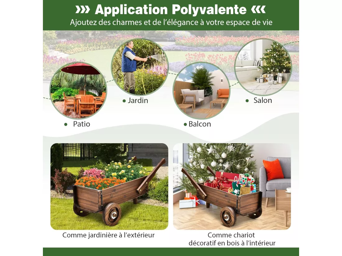 Brouette à Fleurs Jardinière en Bois de SaBois Carbonisé à Roues, Jardinière de Jardin avec Poignée et Trou de Drainage Charge 20KG, pour Patio Jardin Cour, 81 x 40 x 38,5 cm