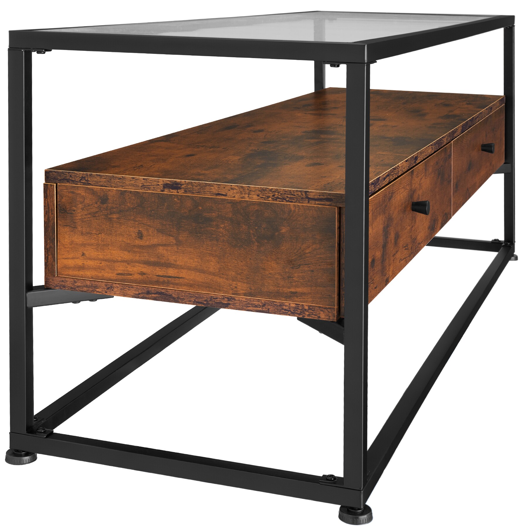 tectake® Sideboard, Industrial Style, Platte aus Sicherheitsglas, 2 große Schubladen, 121,5 x 41,5 x 50,5 cm