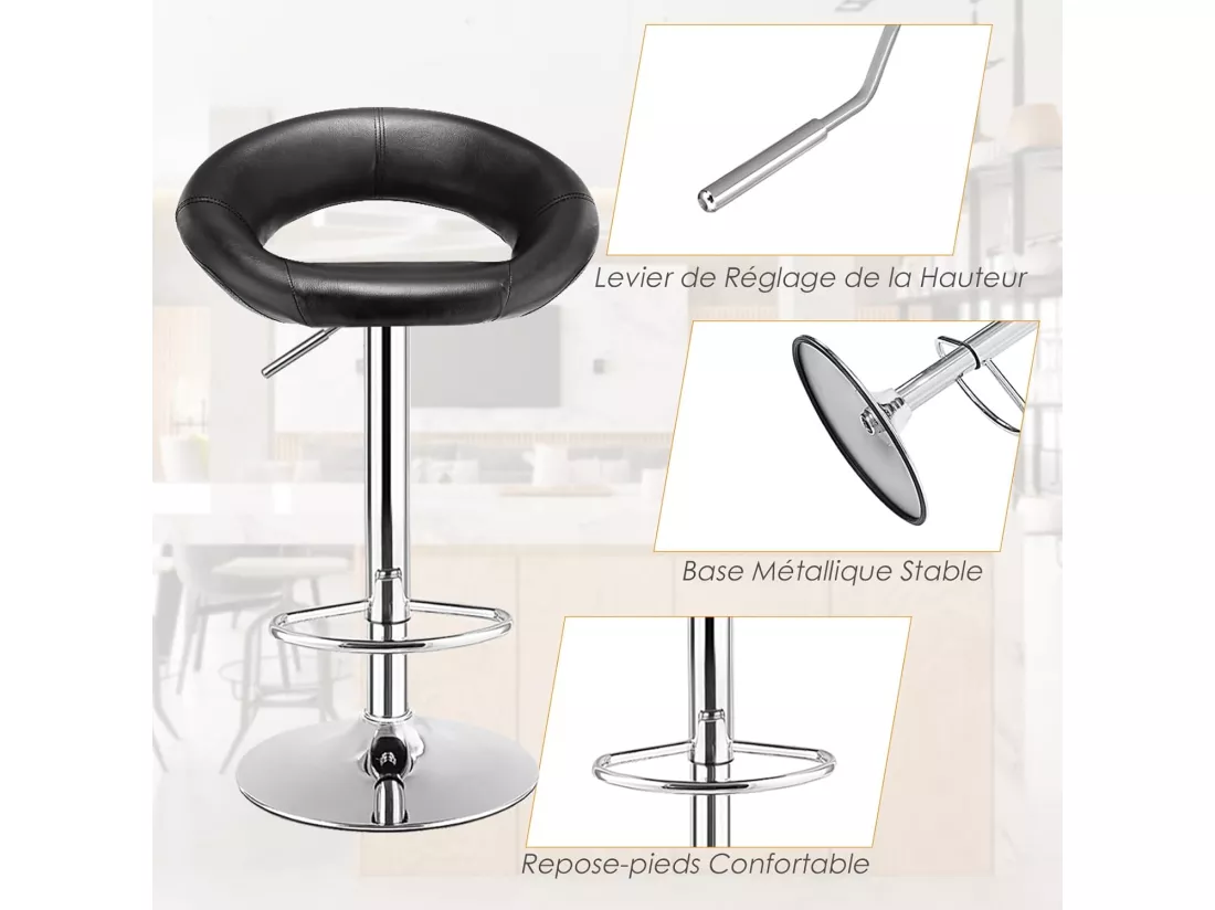 Lot de 2 Tabouret de Bar, Chaise de Bar Pivotante avec Repose-pieds, Hauteur Réglable 77-98 CM, Chaise Bar en Similicuir Moderne, Cadre en Métal, Tabouret de Cuisine pour Îlot, Bistrot