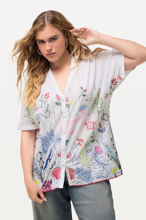 Bluse, Stickerei, Oversized, V-Ausschnitt, Halbarm