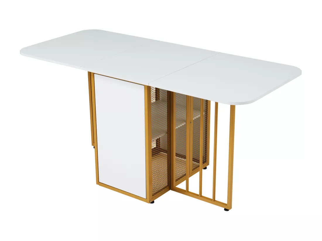 Table à Manger Rectangulaire 4 à 6 Couverts avec 2 Etagères - Panneaux de Particules - Pièds en Métal Doré - Blanc