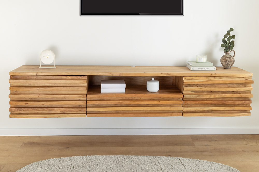 Hängendes TV-Lowboard RELIEF 200cm natur Akazienholz massiv mit aufwändiger Front