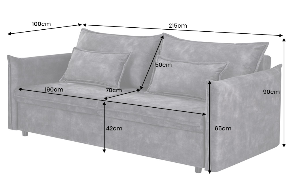 Design Schlafsofa APARTMENT 215cm grau Samt 3-Sitzer Couch inkl. Bettkasten Kissen