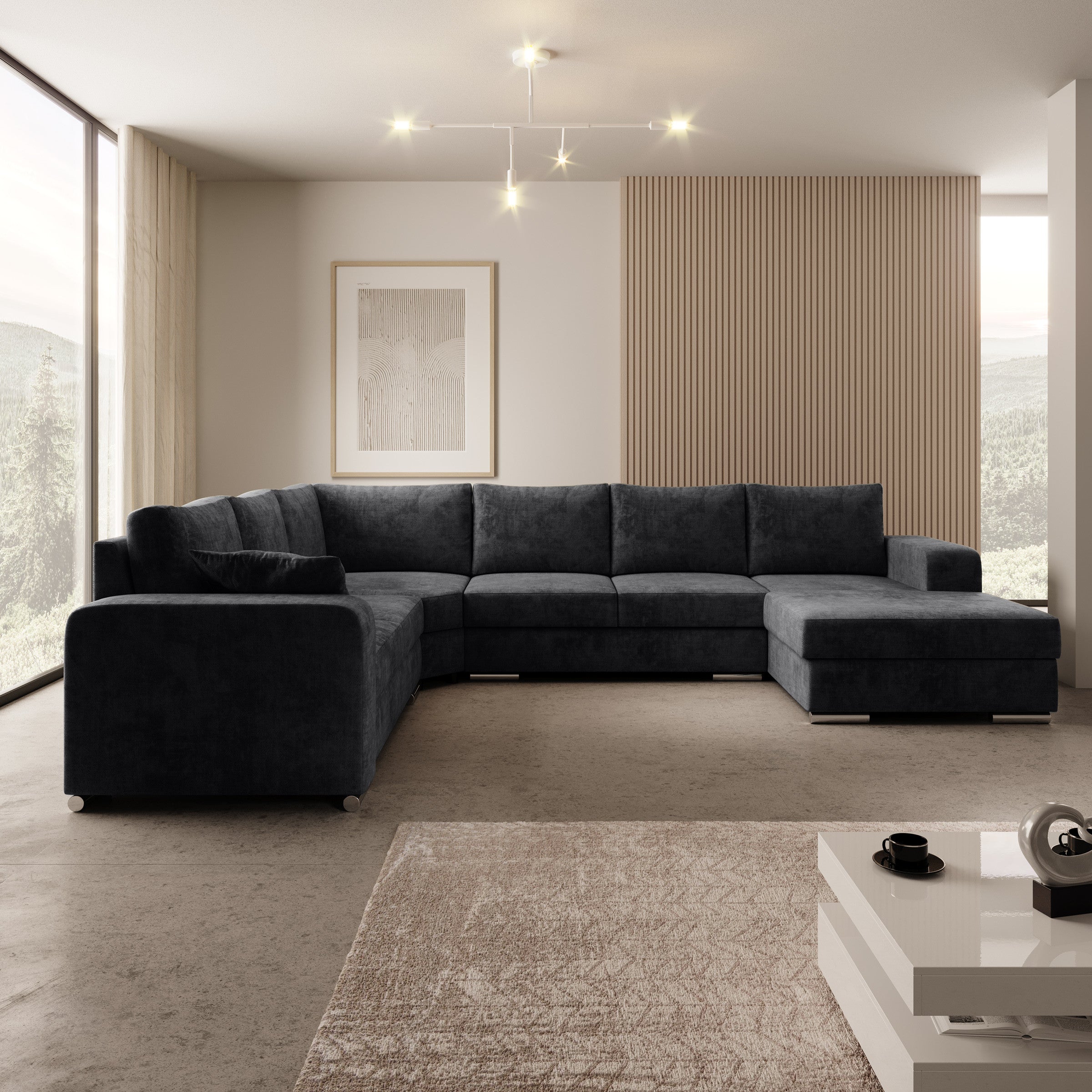 Adel - Hoekbank 5-zits met chaise longue - Velvet zwart - Rechts