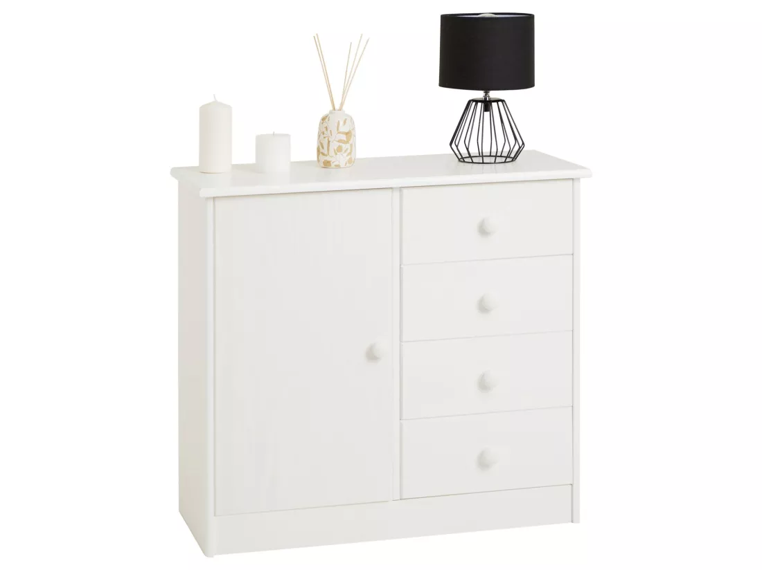 Commode en pin massif blanc RONDO buffet meuble de rangement avec 4 tiroirs et une porte