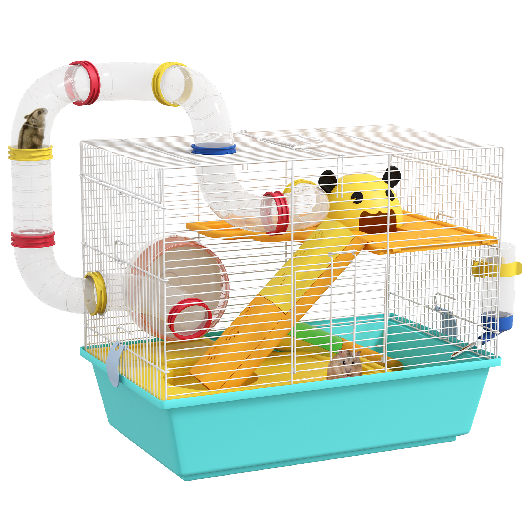 Gaiola PawHut para Hamster, Casinha para Pequenos Animais com Túnel, Plataformas, Bebedouro, Rampas e Roda de Exercícios, 45x28x37 cm, Azul Claro