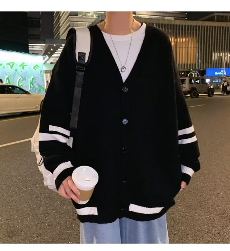 jaywoon - V-hals gestreepte oversized cardigan met knopen
