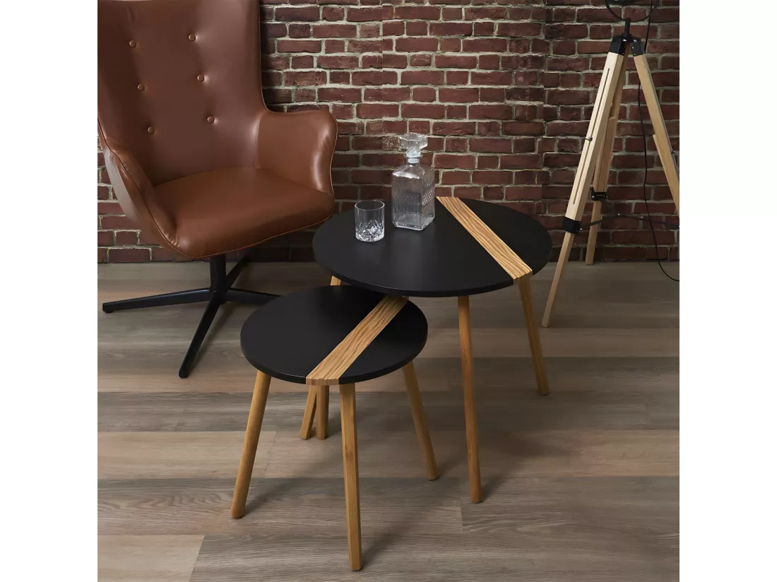 TRAZEN - Lot de 2 Tables Gigognes Noires et Relief Bambou