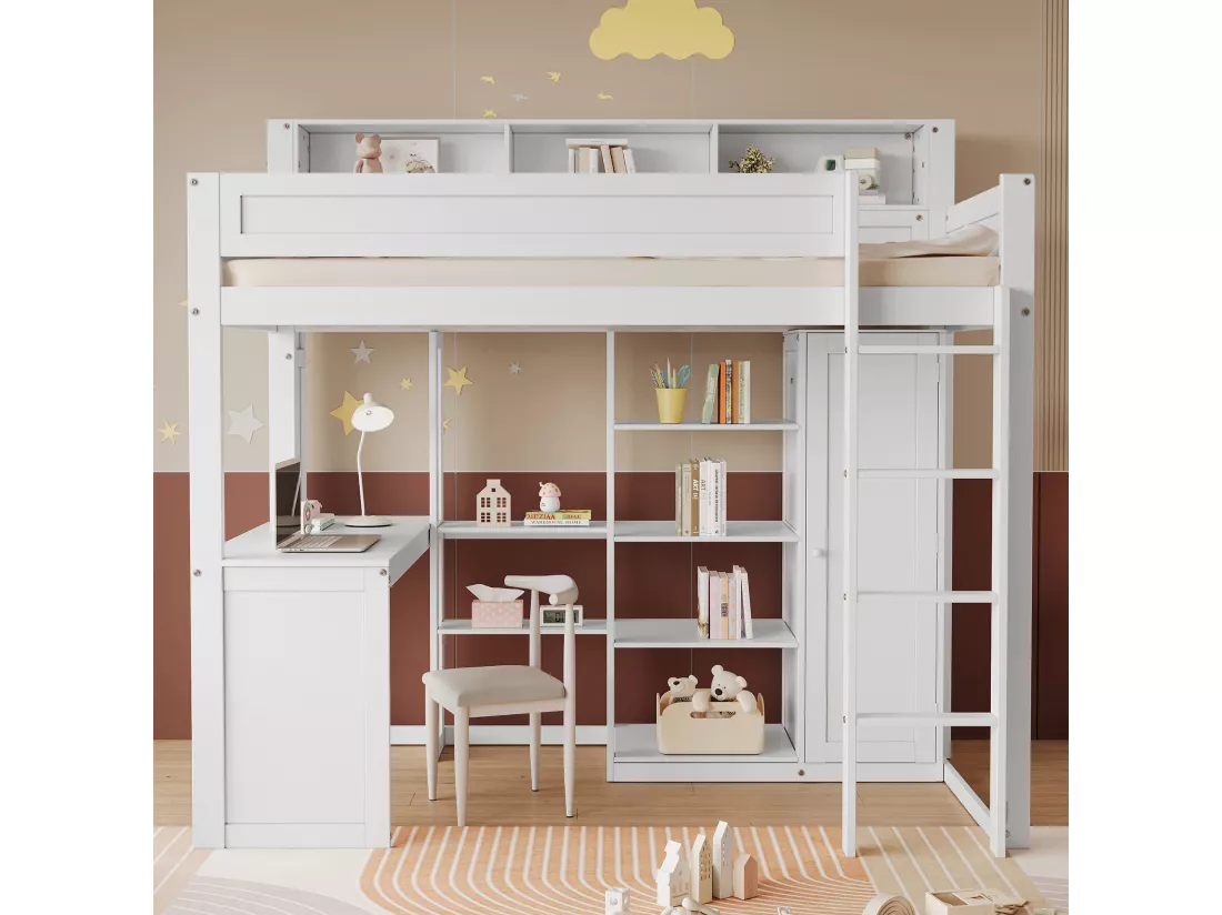 Lit mezzanine en bois de pin et MDF - 90x200 cm - avec étagères au-dessus、bureau et armoire - Blanc