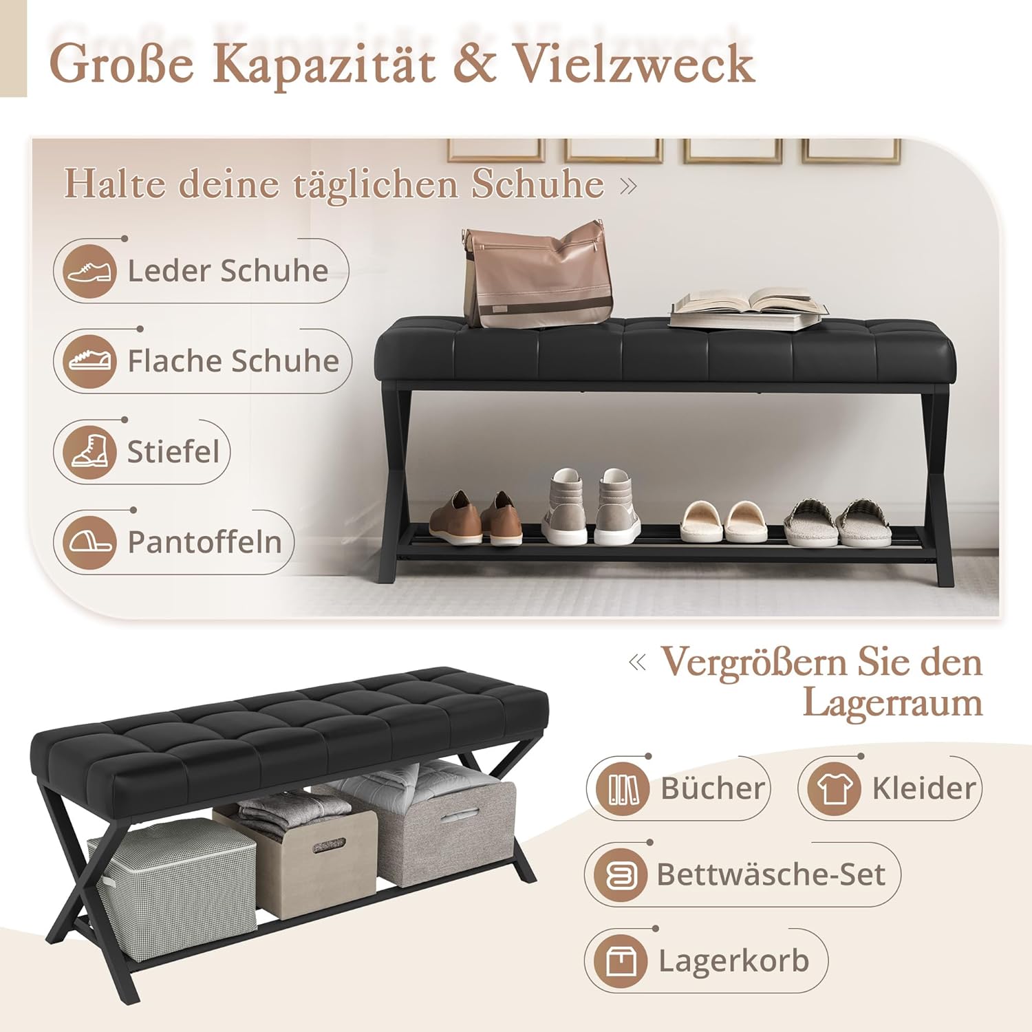 LUE BONA Schuhbank,Schuhbank mit Sitzfläche,Schuhschrank mit Sitzbank und Leder Gepolstertem,Sitzbank Flur mit Metallrahmen für Eingangsbereich,Wohnzimmer,Flur,113 x 38 x 46 cm,Schwarz