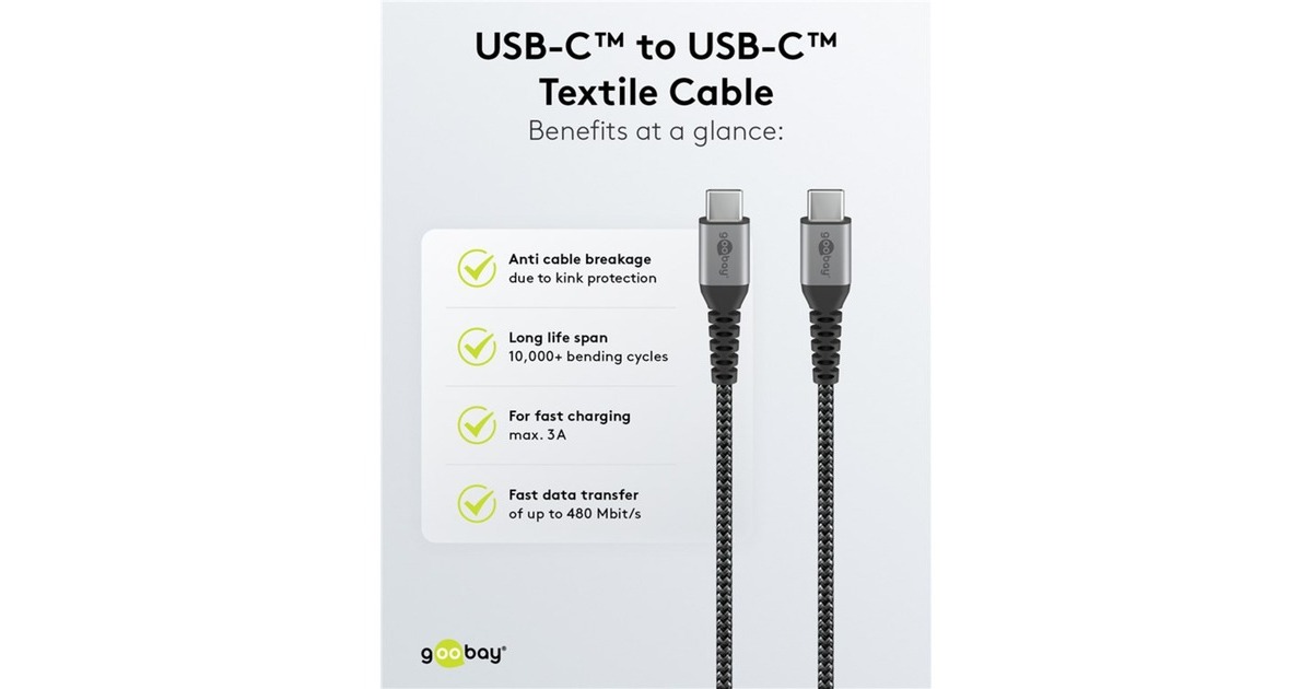 goobayUSB-C snellader Nano (65 W) en USB-C textielkabel  (Zwart, 1 meter)