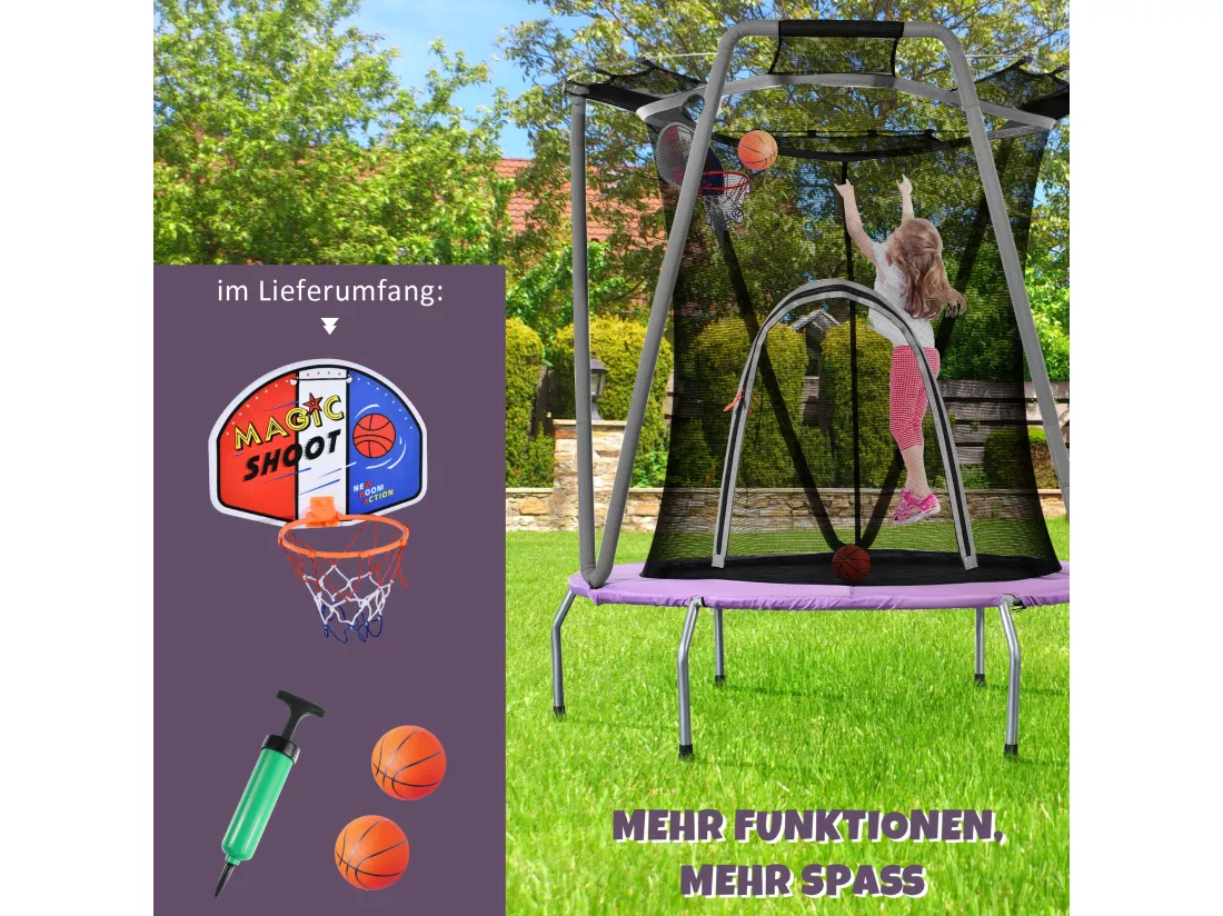 Ensemble de trampoline rond pour enfants - 147 x 147 x 157 - en materé acier - l'intérieur et l'extérieur - gris