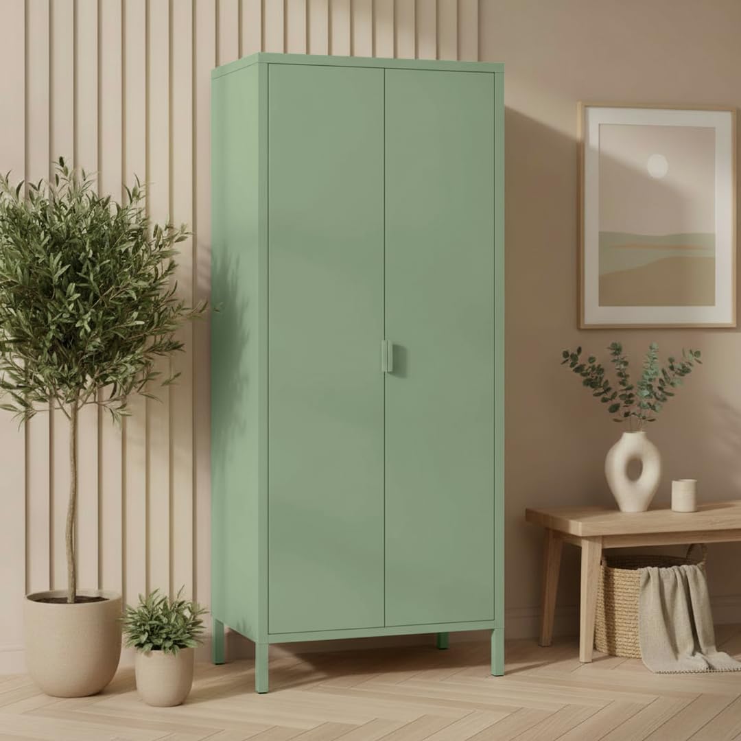 skølm Ituri Metallschrank Mintgrün – Kleiderschrank mit 6 Fächern & 2 Kleiderstangen – Garderobenschrank Flur 80 cm breit – Schlafzimmerschrank Industrial Style – Stahlschrank für Wohnzimmer & Büro