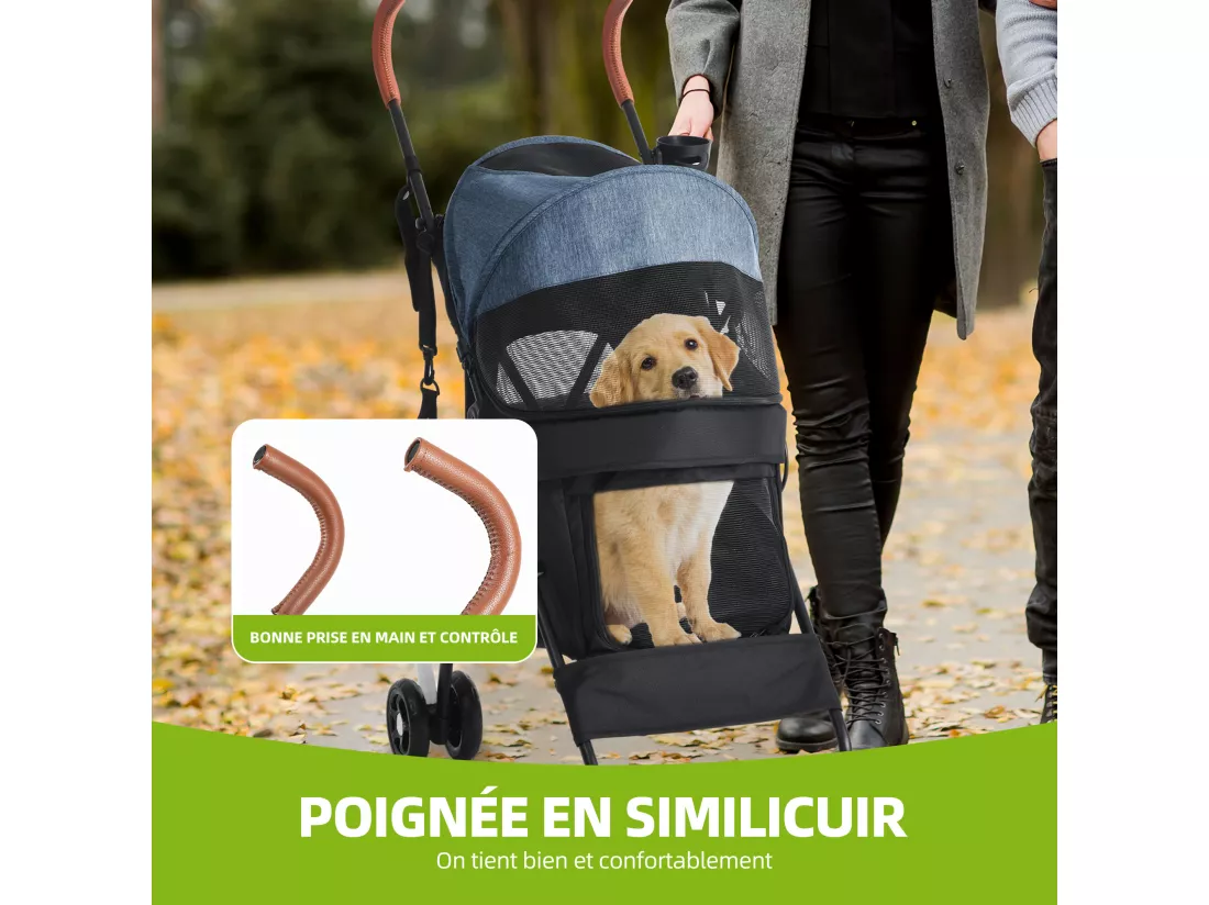 YITAHOME Poussette pour Chiens de Petite et Moyenne Taille - à 4 Roues avec Bretelles - Pliable - Porte-Gobelet - Bleu Marine