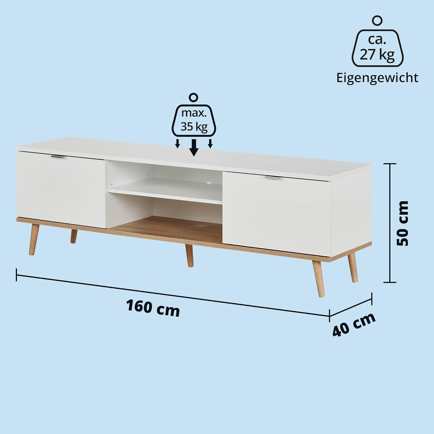 KHG TV-Lowboard 2-türig & 2 Fächer Scandi, TV-Bank aus Holzwerkstoff weiß foliert fürs Wohnzimmer, 35 kg belastbar, 160 x 50 x 40 cm (B/H/T)