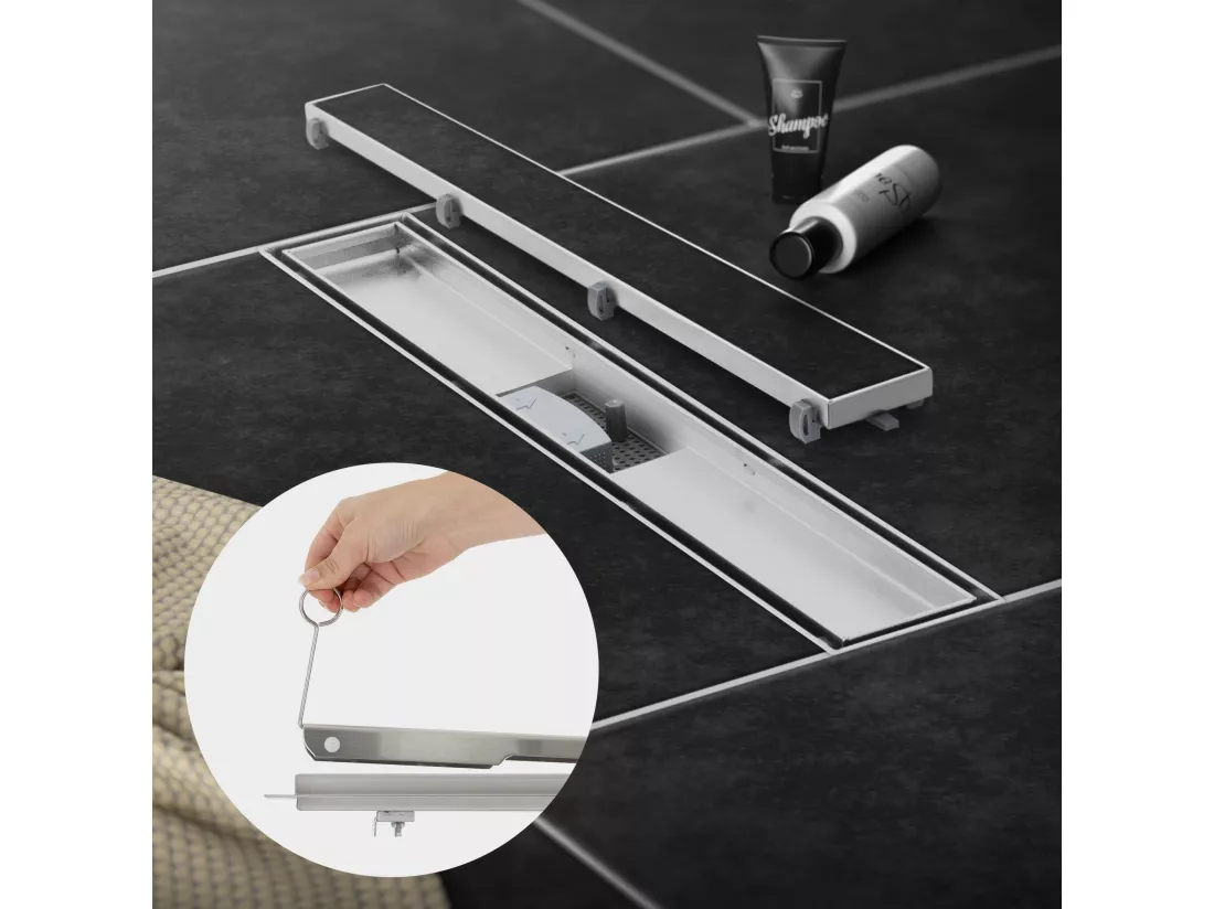 Caniveau de douche en acier inoxydable carrelé 80 cm et siphon Set complet argent plat LuxeBath