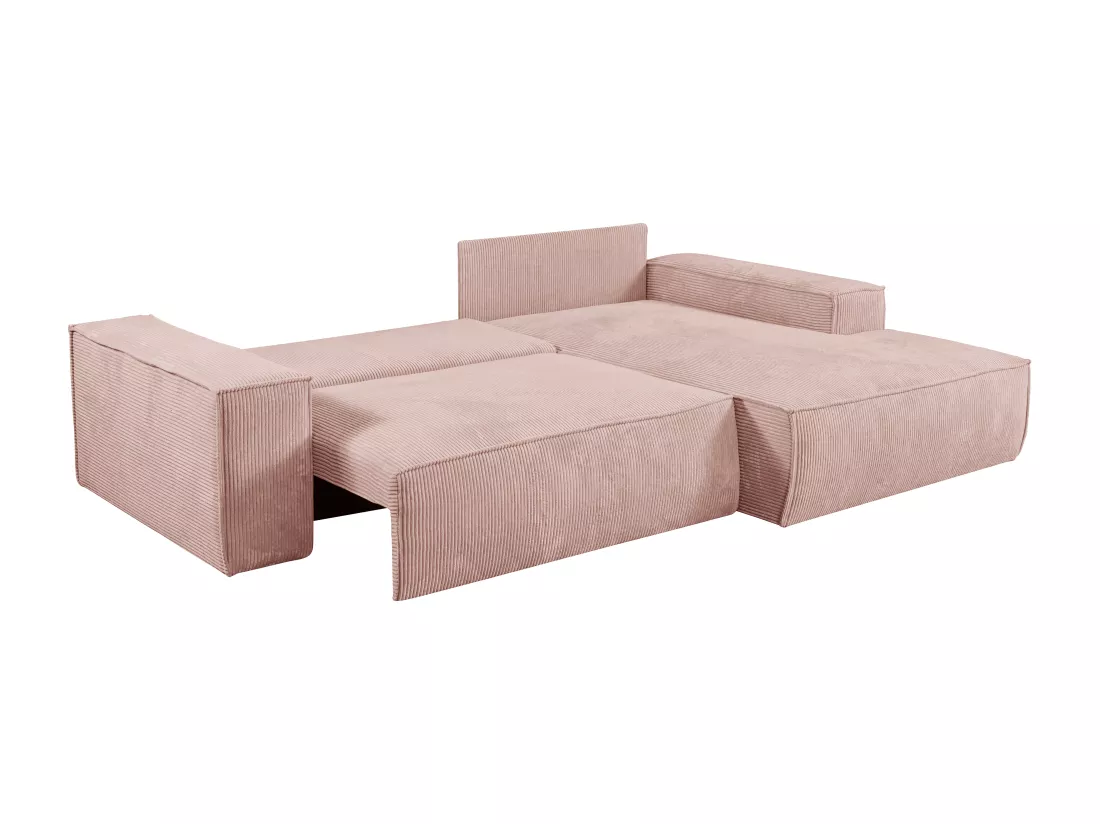 Canapé d'angle droit convertible en velours côtelé rose poudré AMELIA