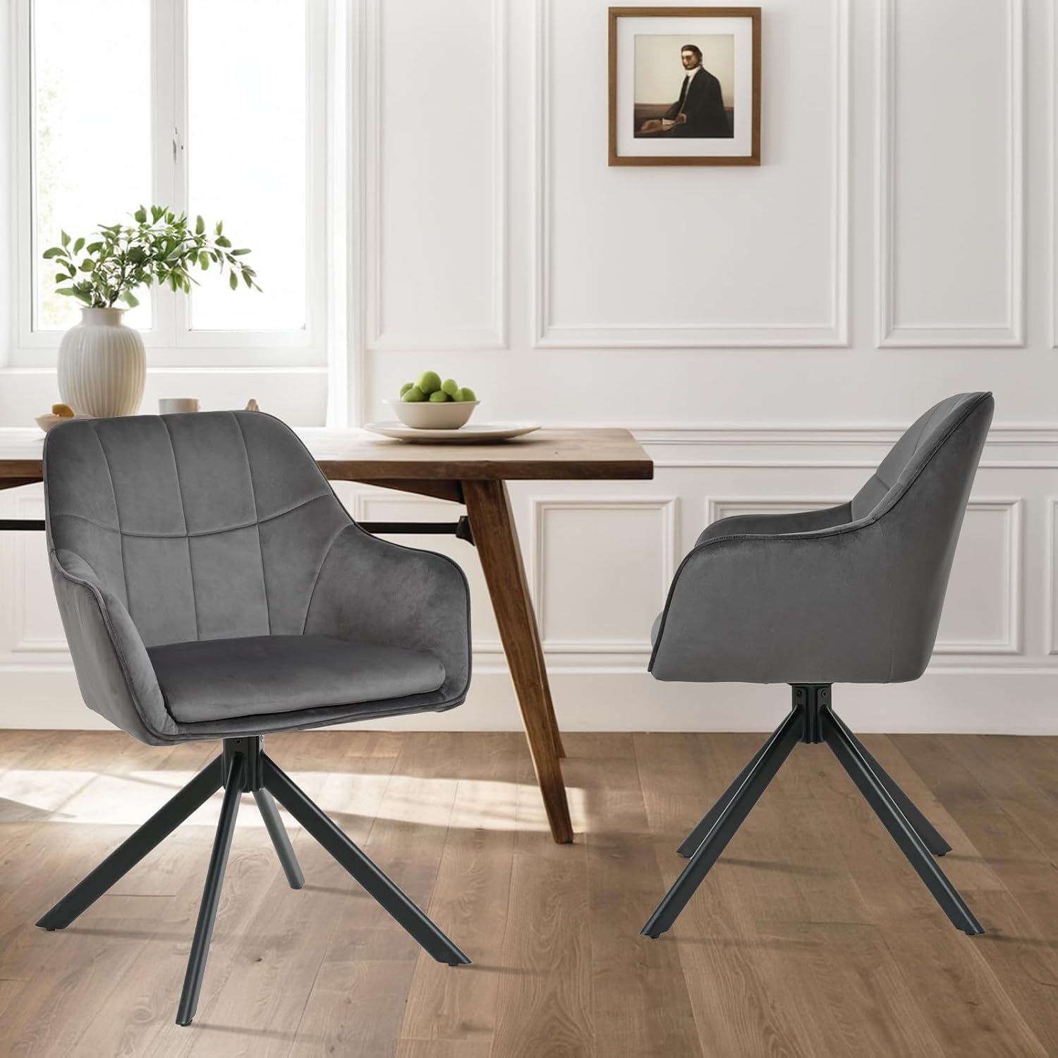 Esszimmerstühle drehbar 2er Set Grau Armlehnenstuhl Polsterstuhl drehstuhl Esszimmer drehstühle aus Samt Küchenstuhl mit Metallbeine für Wohnzimmer Esszimmer