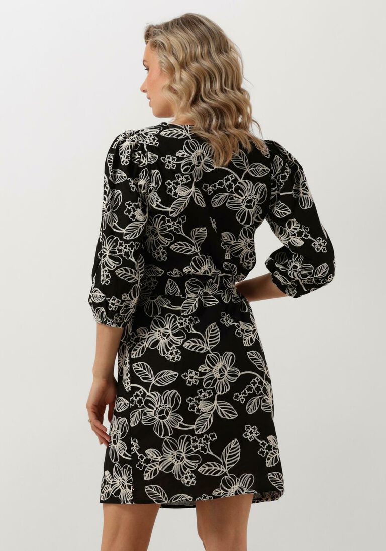 JANSEN AMSTERDAM zwarte jansen amsterdam midi jurk wge517 embroidered dress 3/4 sleeve v-neck