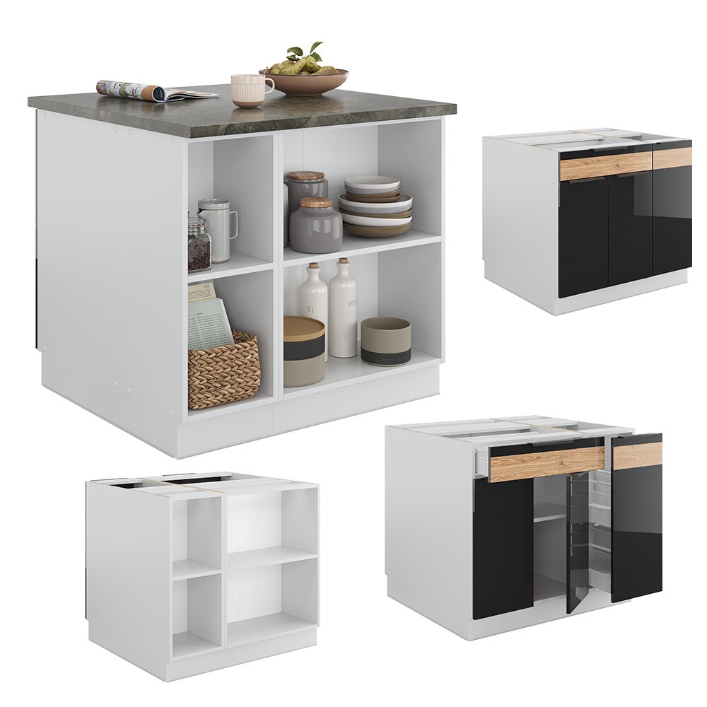 Vicco Kücheninsel Küchenblock Einbauküche Fame-Line Weiß Schwarz Eiche 90 cm modern Hochglanz Küchenschränke Küchenmöbel