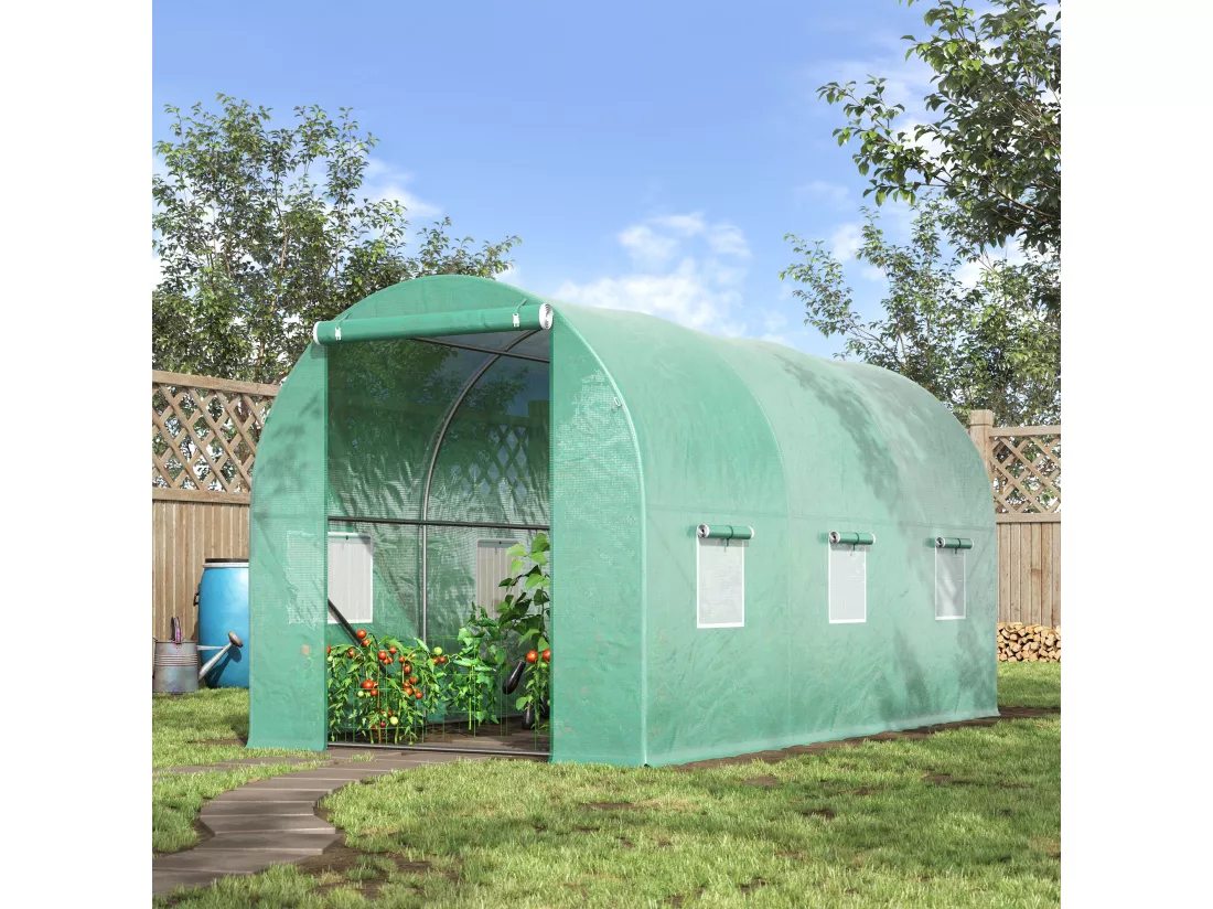 Serre de jardin tunnel 8 m² 4L x 2l x 1,9H m acier galvanisé renforcé diamètre 2,4 cm + PE haute densité fenêtres porte vert