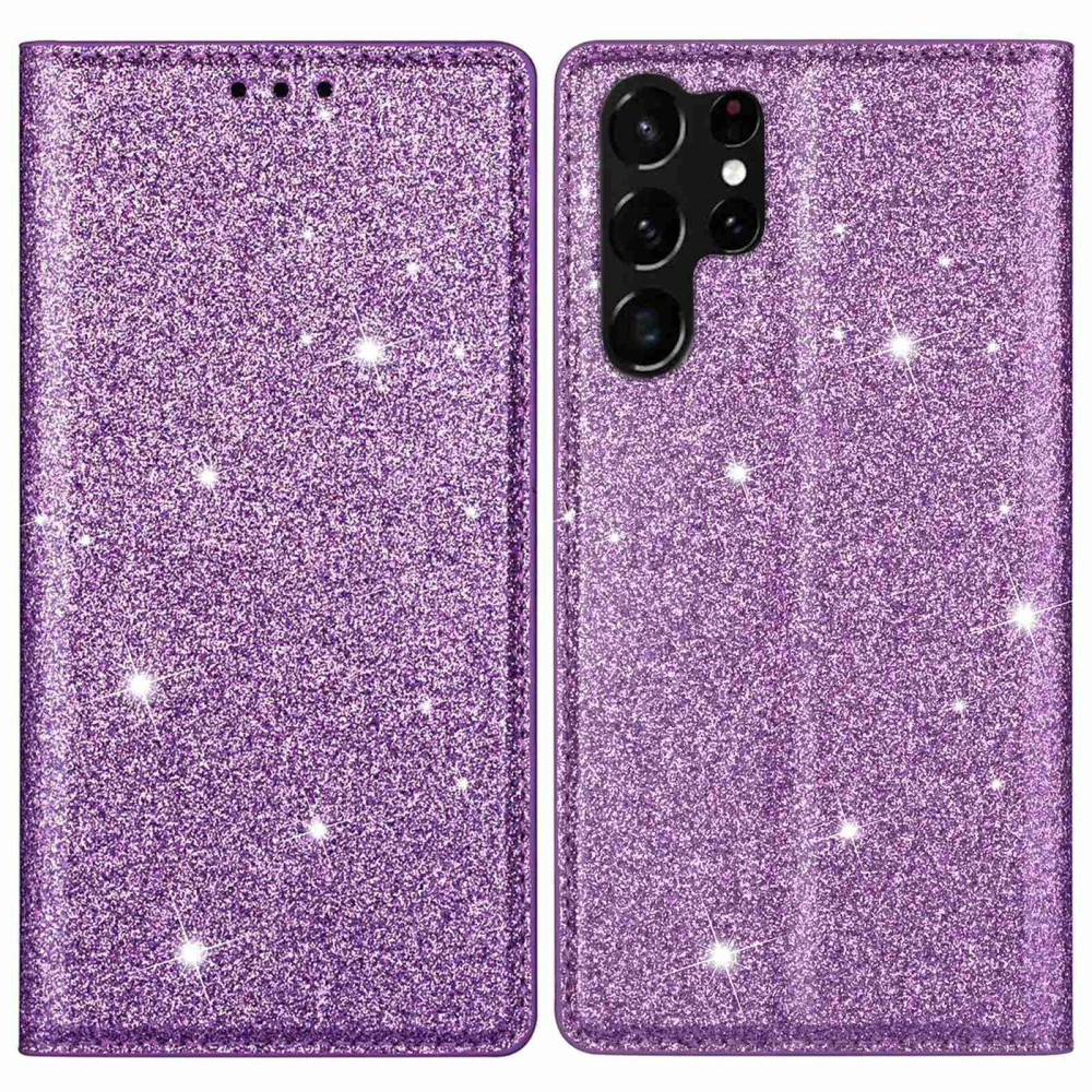 Samsung Galaxy S23 Ultra 5G Flip Wallet Cover Leder Tasche Glitzer Optik - Lila