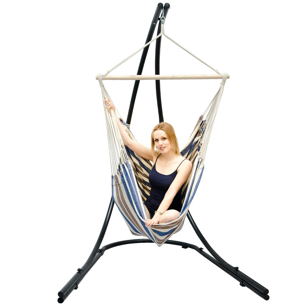 Freistehendes Stahl-Hängestuhlgestell 210cm inkl. XXL Hängesessel aus Baumwolle mit Swivel 185x130cm
