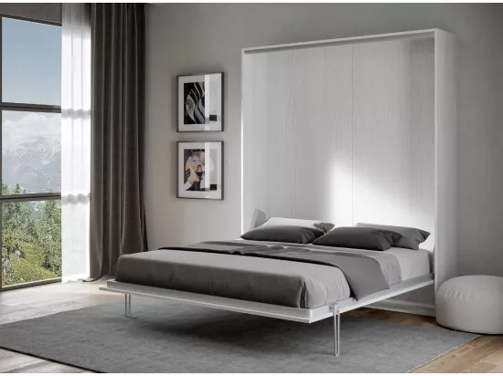 Lit escamotable vertical frêne blanc et porte bleu clair kanto 160x190