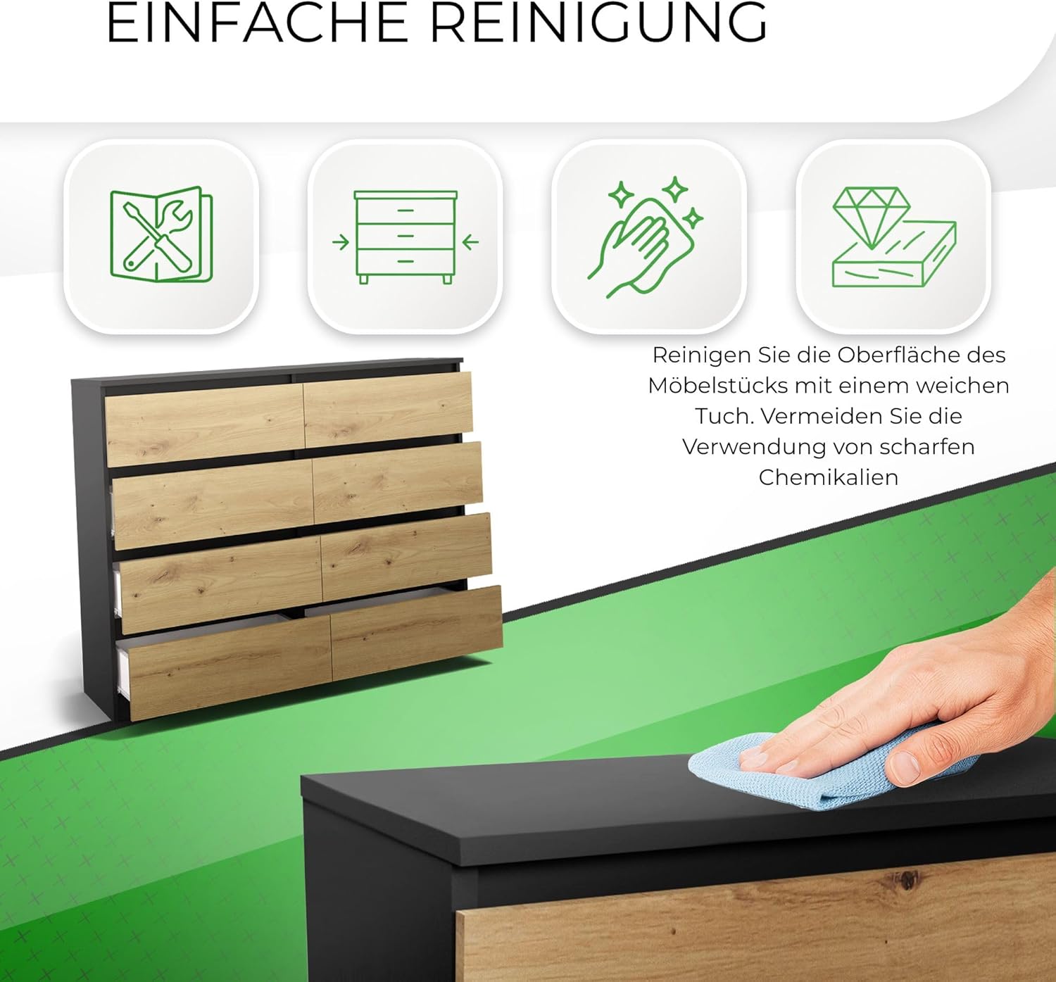 CDF Kommode Anthrazit Artisan mit 8 Schubladen 40 cm Tief Komodenschrank Komode für Wohnzimmer Schlafzimmer Schubladenschrank Malm Kommode viel Stauraum Geeignet Organizer Kleidung 120cm Breite Modern