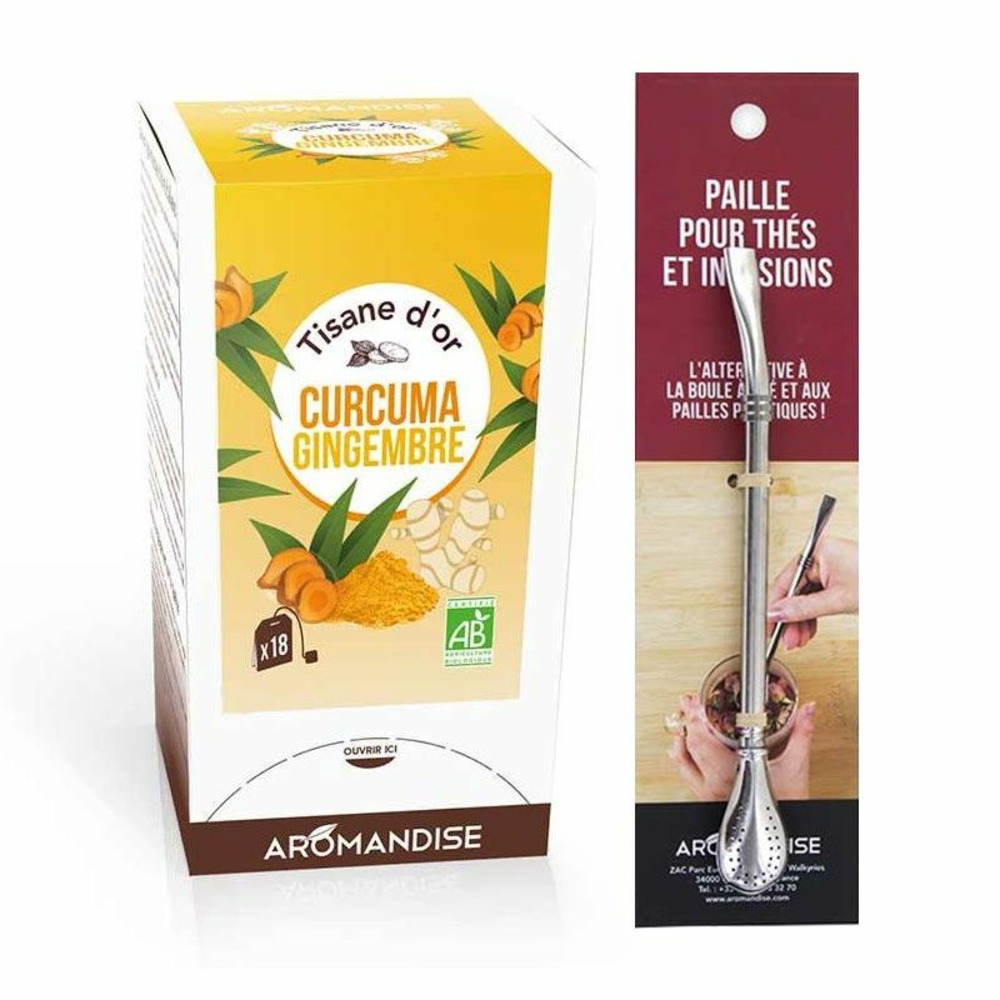 Tisane d'or bio curcuma gingembre 20 sachets + paille inox avec filtre