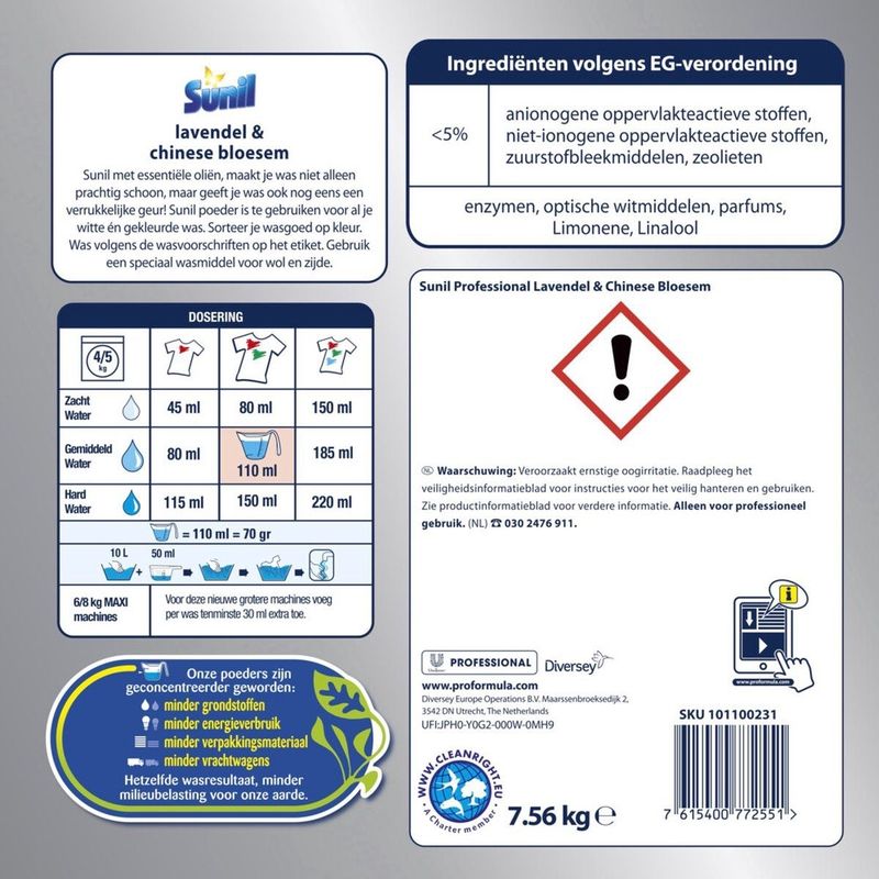 Sunil - Professional Wasmiddel Poeder - Lavendel & Chinese Bloesem - 108 Wasbeurten - Pro Formula 7,56 kg