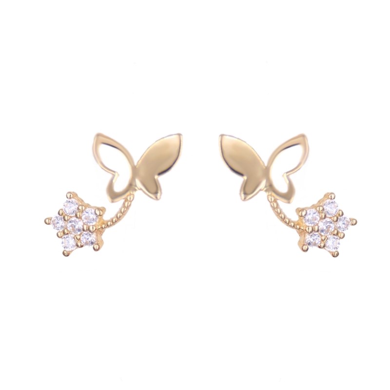 Boucles d'Oreilles Papillons - Or Jaune et Zirconiums - Femme ou Enfant