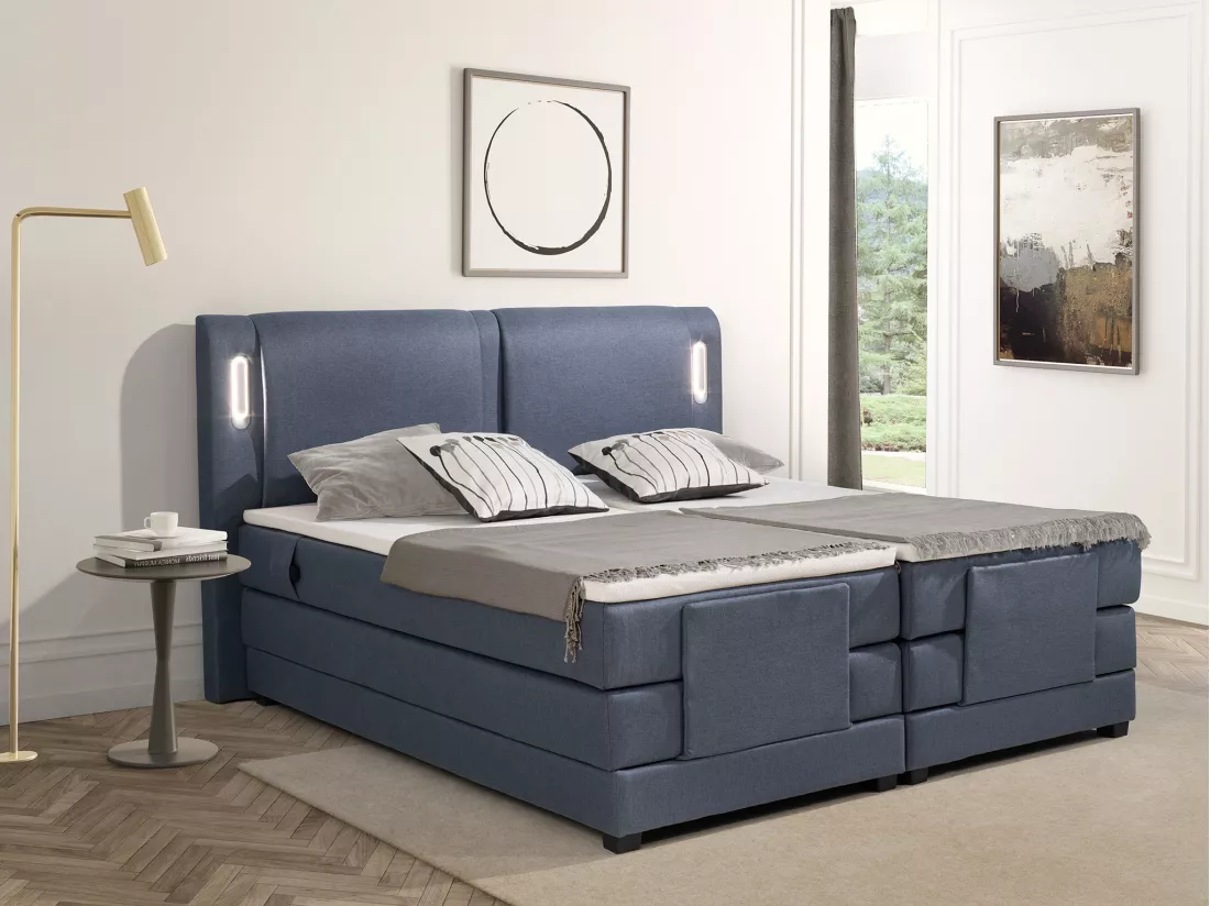 Ensemble complet boxspring tête de lit avec leds + sommiers relaxation électrique + matelas + surmatelas - 2 x 80 x 200 cm - Tissu - Bleu - ASTEMI de PALACIO