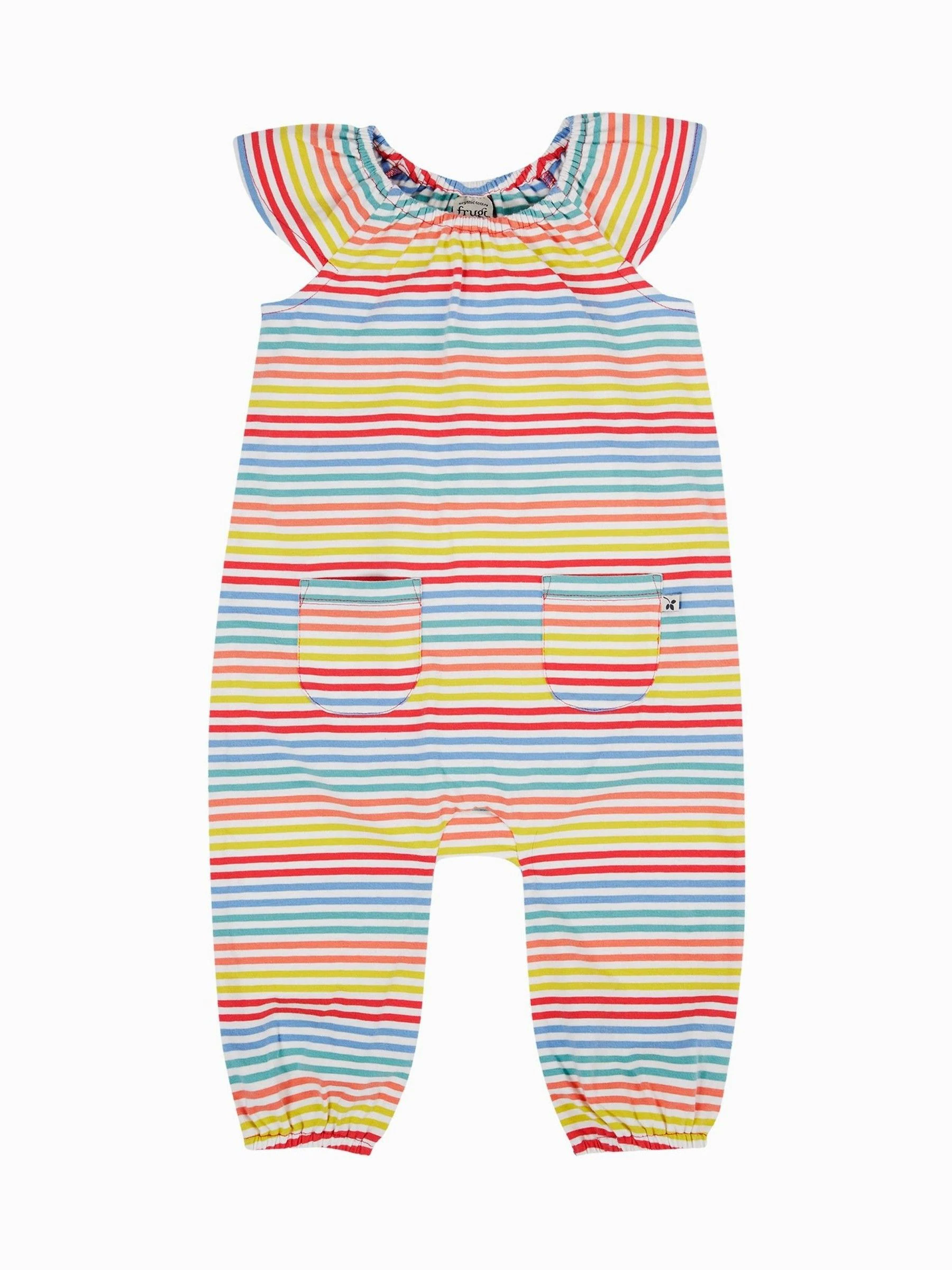 Frugi Blauw Dory Speelpakje met regenboog bretelbroeken