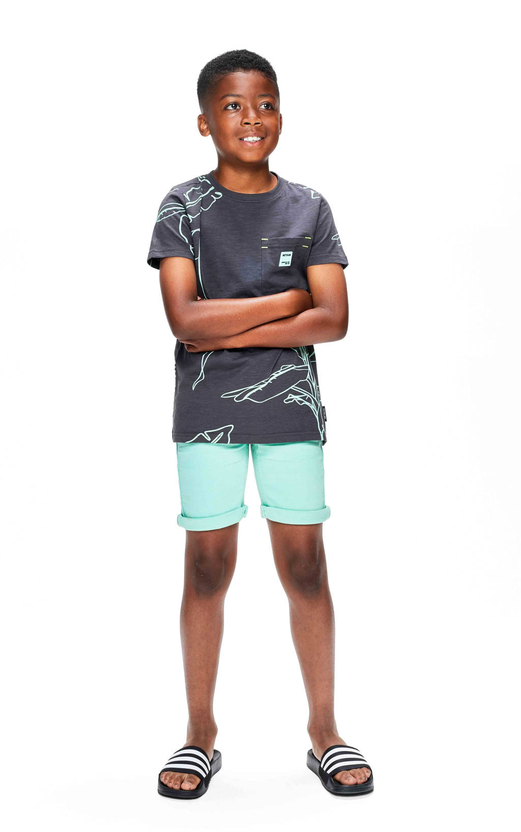 Retour Jeans T-shirt Jimmo met all over print donkergrijs/mintgroen