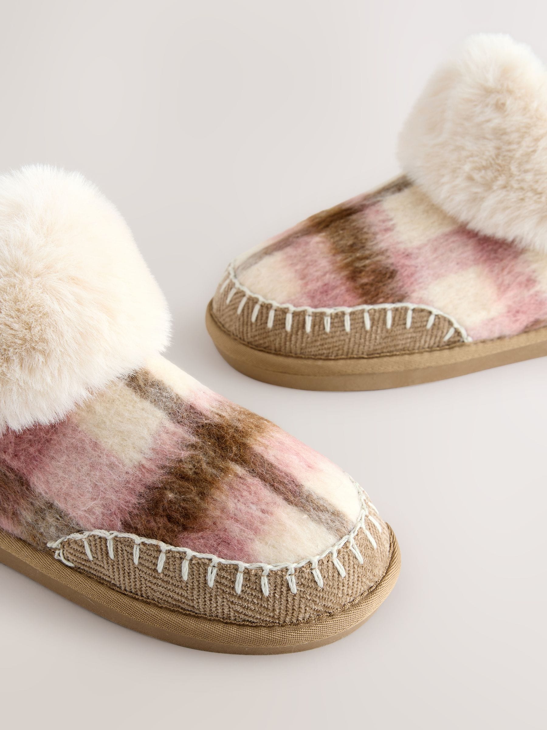 Roze geruit - Faux Fur Brush Boot Slippers