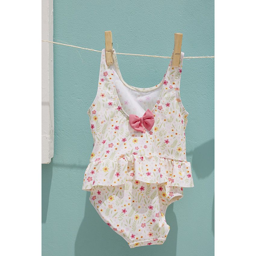 Maillot de bain 1 pièce imprimé fleurs pour bébé fille - Ecru