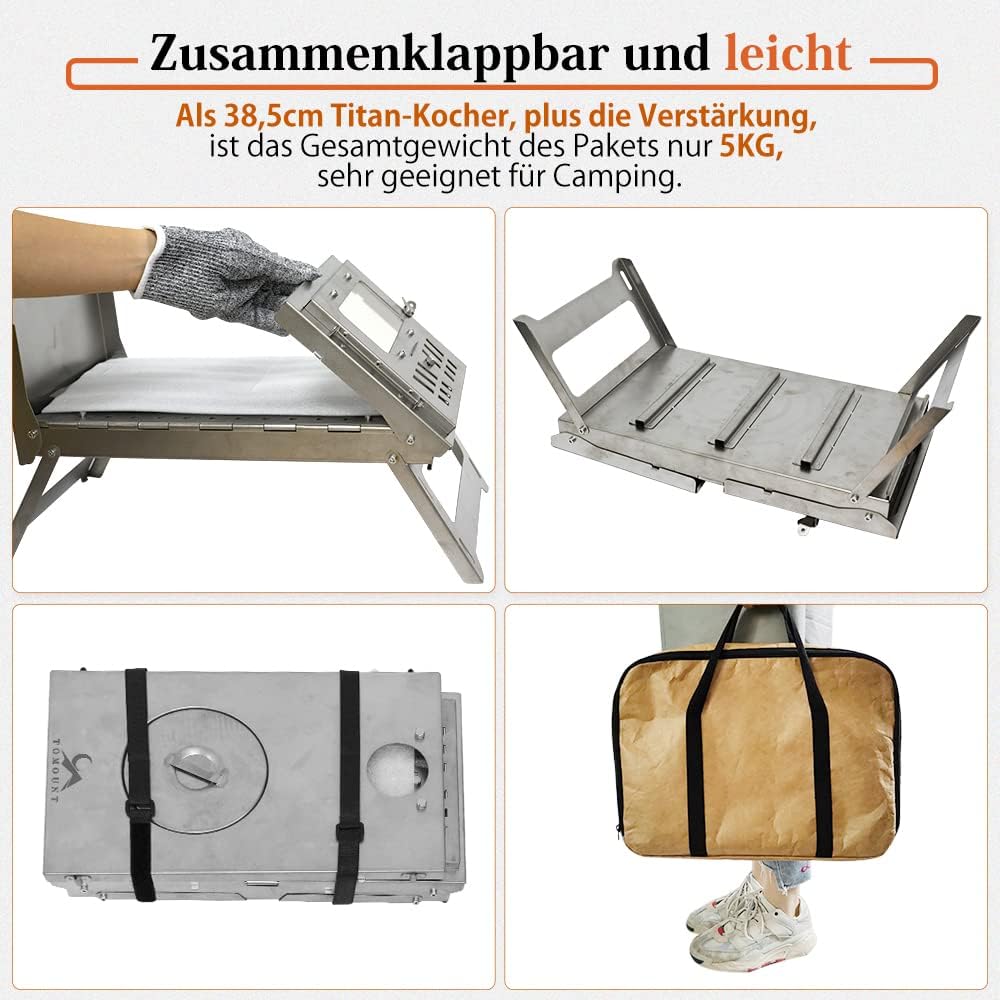 TOMOUNT Zeltofen Titanium Ofen Titan Kompakt 38,5cm Holzofen Tragbar Campingherde mit 3M Schornsteinrohr Holzkocher für Zelte, Unterkünfte und Camping