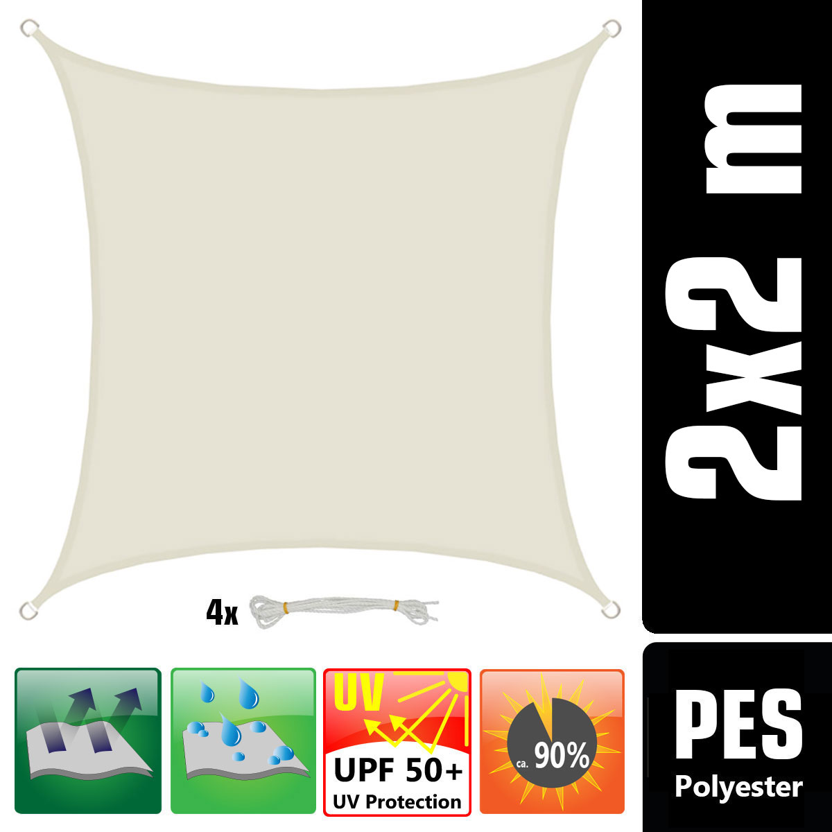 AMANKA 2x2 waterdicht beige schaduwdoek met bevestigingsset