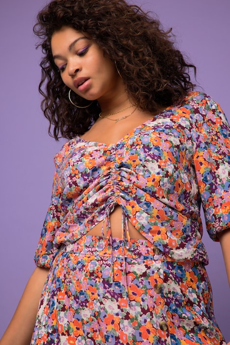 Bluse, V-Ausschnitt, Flower Print, 3/4-Arm, Raffung