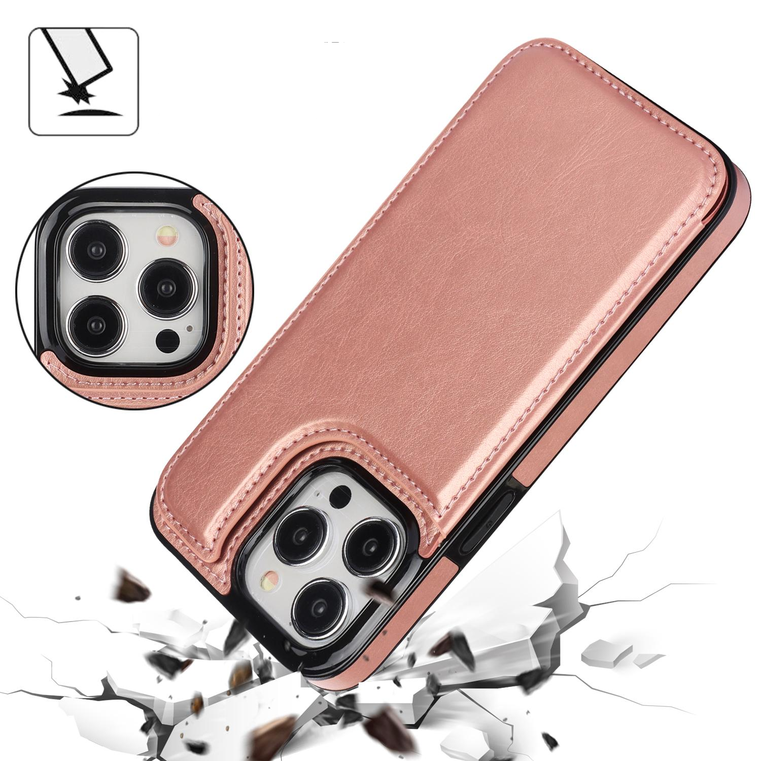 iPhone 15 Pro Max Hybrid Leder Hülle mit Kartenfach   Kickstand Aufsteller - Roségold