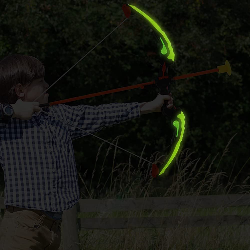(6-tlg. Set) LED Kinder Bogen Schiessen Spielzeug inkl. Zielscheibe / Pfeilhalter (Batteriebetrieben) - Bunt