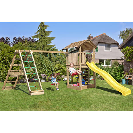 Jungle Gym Cottage 2.1 legetårn inkl. klatrevæg og rutsjebane
