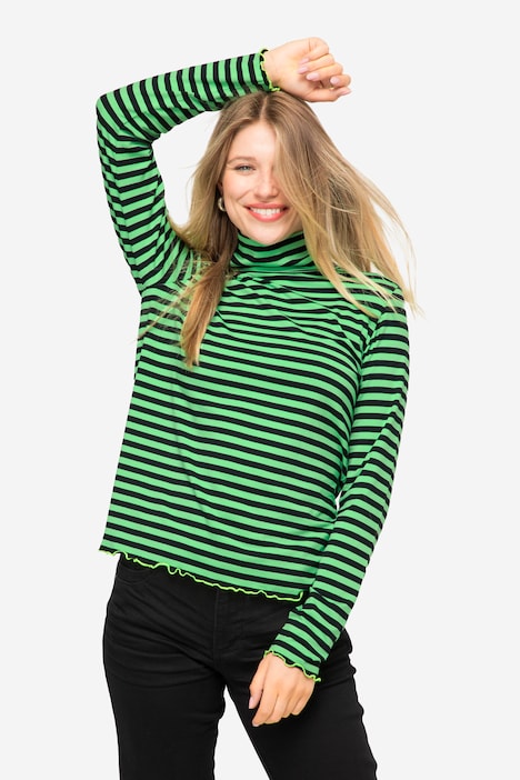 T-Shirt, Ringel, Stehkragen, Langarm, Neon-Ziernähte